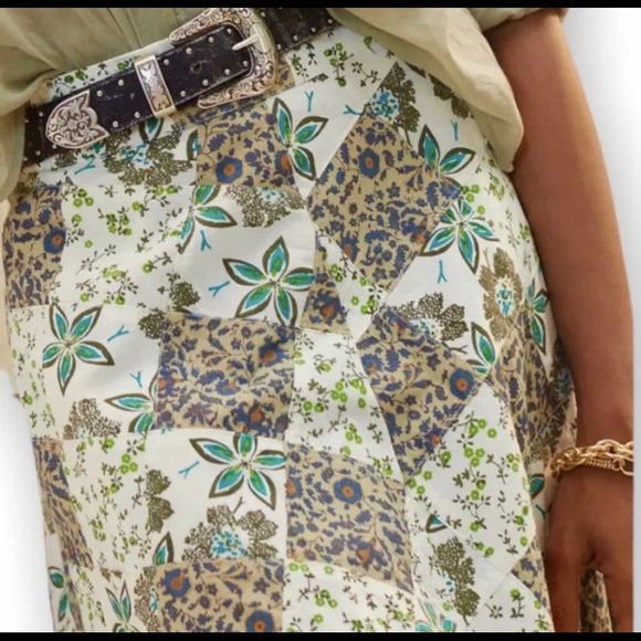 🆕 Anthropologie Raga Floral Patchwork Maxi Skirt Aqua Green Tan - Picture 4 of 9